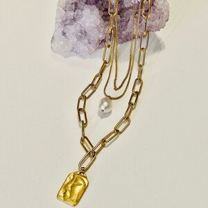 Stainless steel chain necklace multi layers fresh water pearl imitation face